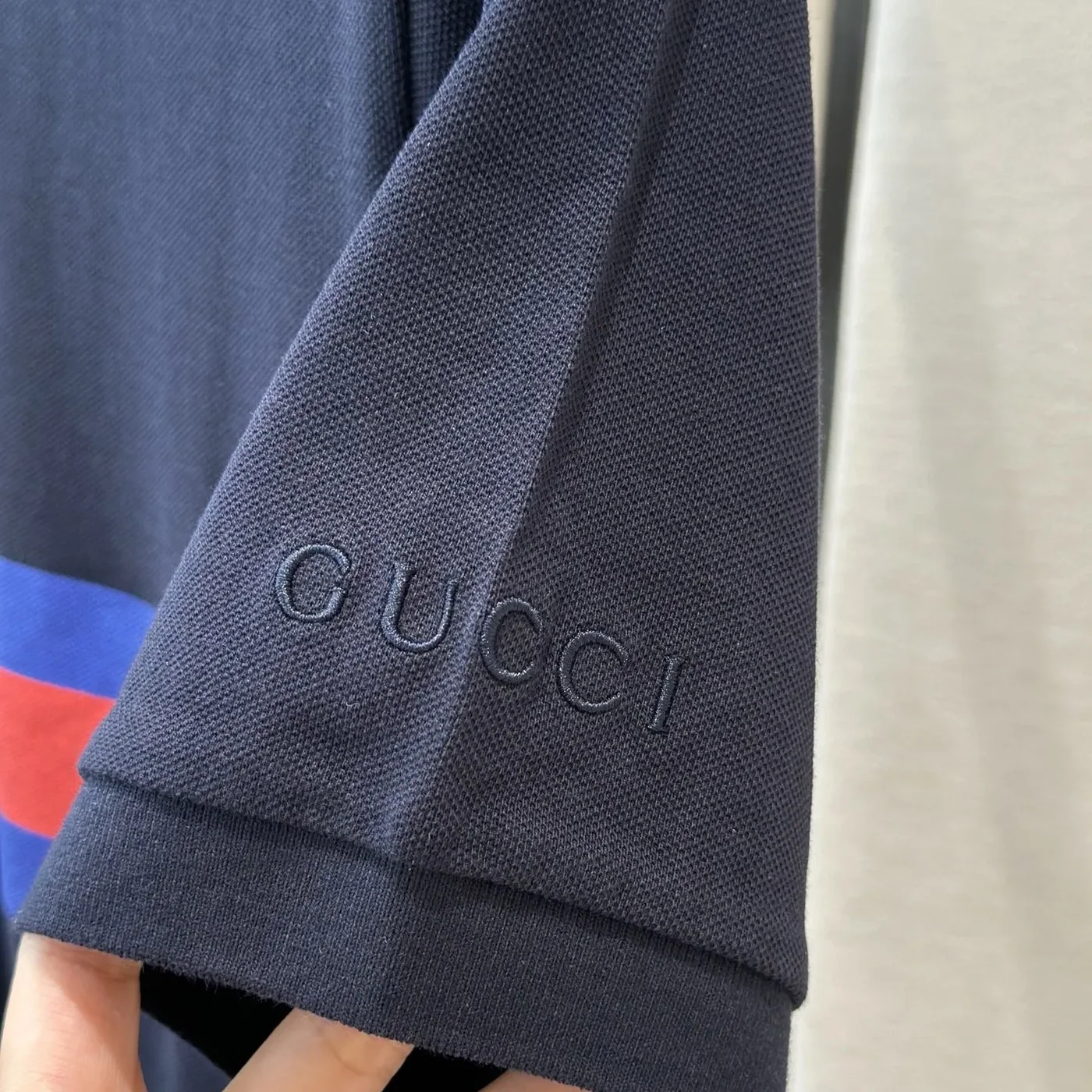 Gucci Web Stripe Pique Polo Shirt Navy Blue