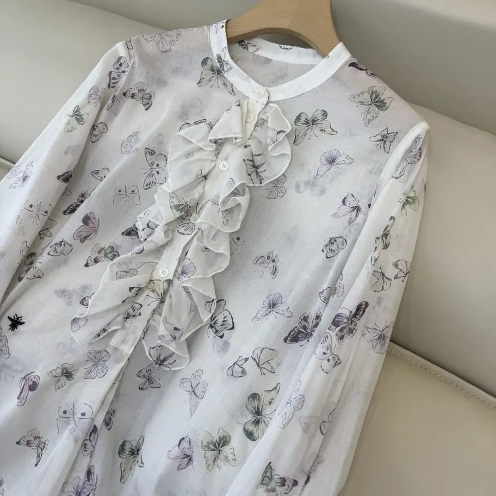Dior Blouse with Ruffled Neckline Beige Cotton Muslin with Multicolor Butterfly Motif for Women Dior Blouse with Ruffled Neckline Beige Cotton Muslin with Multicolor Butterfly Motif for Women