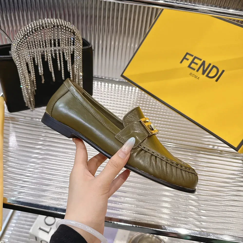 Fendi Baguette Green Nappa Leather Loafers for Women Fendi Baguette Green Nappa Leather Loafers for Women