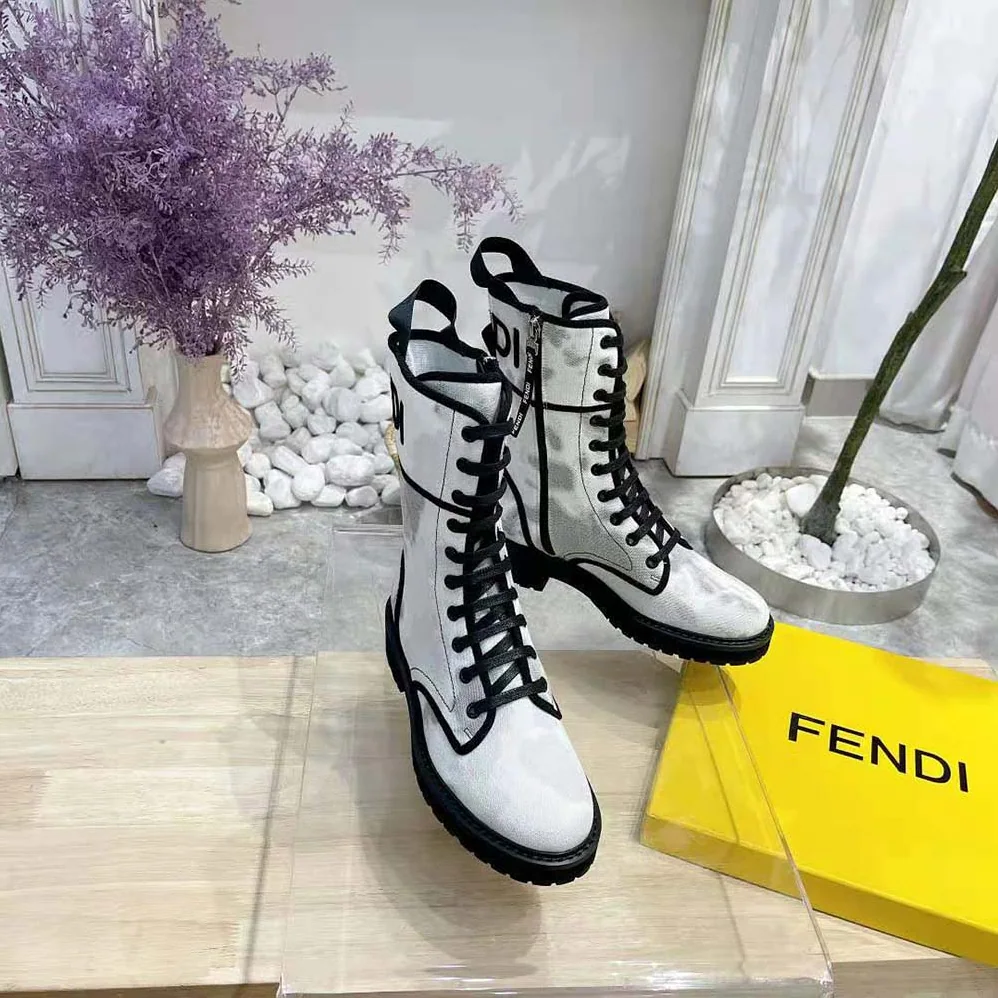 Fendi Signature Gray Canvas Biker Boots for Women
