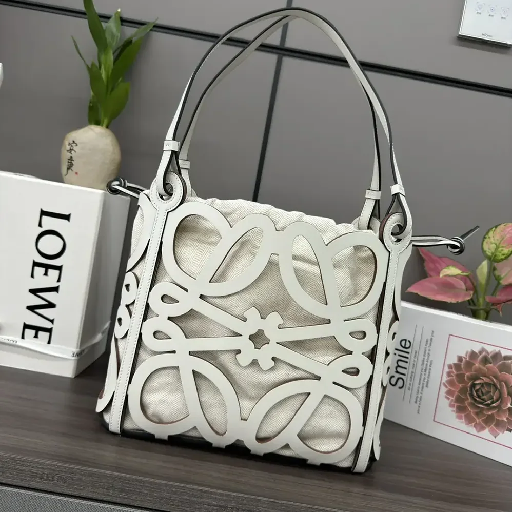 Loewe Small Anagram Cut-out Tote in Calfskin for Women in White