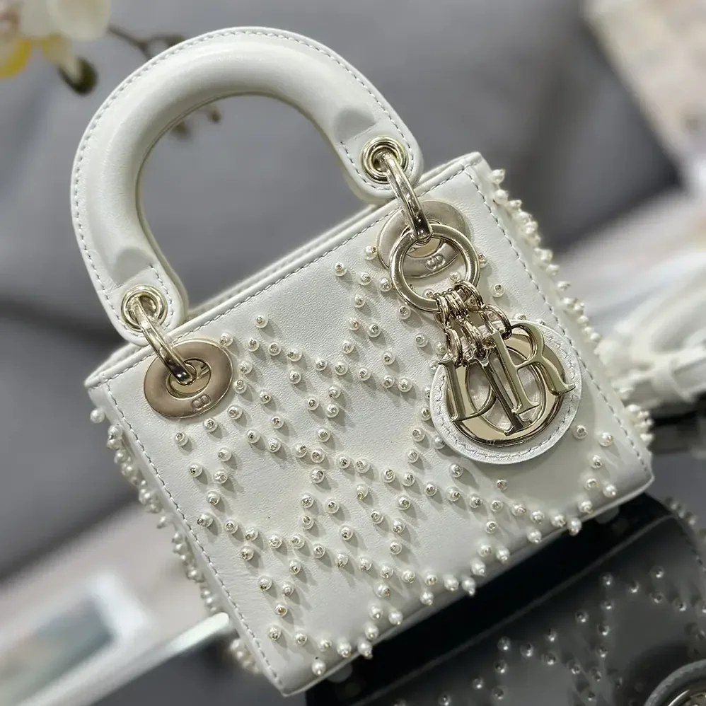 Dior Lady Dior Micro Bag Latte Cannage Lambskin with Resin Pearls for Women Dior Lady Dior Micro Bag Latte Cannage Lambskin with Resin Pearls for Women