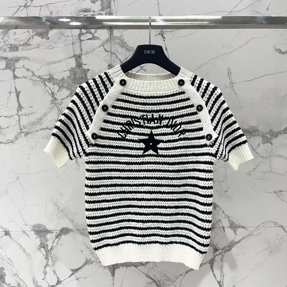 Dior Marinière Short-Sleeved Sweater White and Navy Blue Cotton and Silk Knit for Women Dior Marinière Short-Sleeved Sweater White and Navy Blue Cotton and Silk Knit for Women