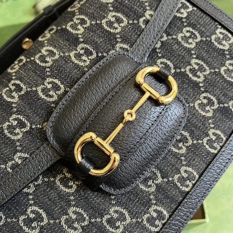 Gucci Horsebit 1955 Shoulder Bag / Black And Ivory GG Denim Jacquard Gold Hardware Gucci Horsebit 1955 Shoulder Bag / Black And Ivory GG Denim Jacquard Gold Hardware