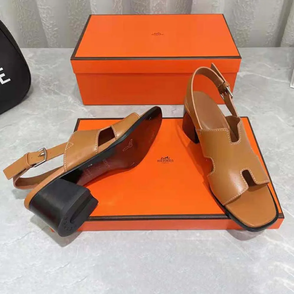 Hermes Elbe 60 Sandal in Calfskin with H Cut-Out Detail for Women in Brown Hermes Elbe 60 Sandal in Calfskin with H Cut-Out Detail for Women in Brown