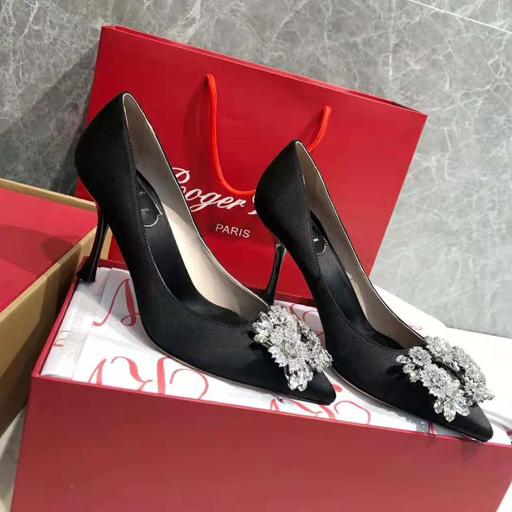 Roger Vivier RV Bouquet Strass Buckle Pumps in Satin for Women in Black