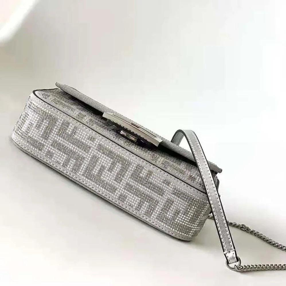 Fendi Baguette Mini Silver Leather Bag with Crystal FF Motif for Women Fendi Baguette Mini Silver Leather Bag with Crystal FF Motif for Women
