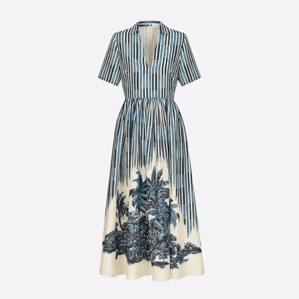 Dior Long Dress Blue and White Silk Canvas with Dior Palms Motif for Women Dior Long Dress Blue and White Silk Canvas with Dior Palms Motif for Women