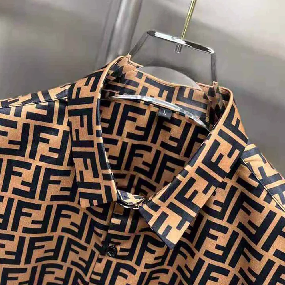 Fendi Brown Silk Shirt with FF Motif Printed All Over for Men Fendi Brown Silk Shirt with FF Motif Printed All Over for Men