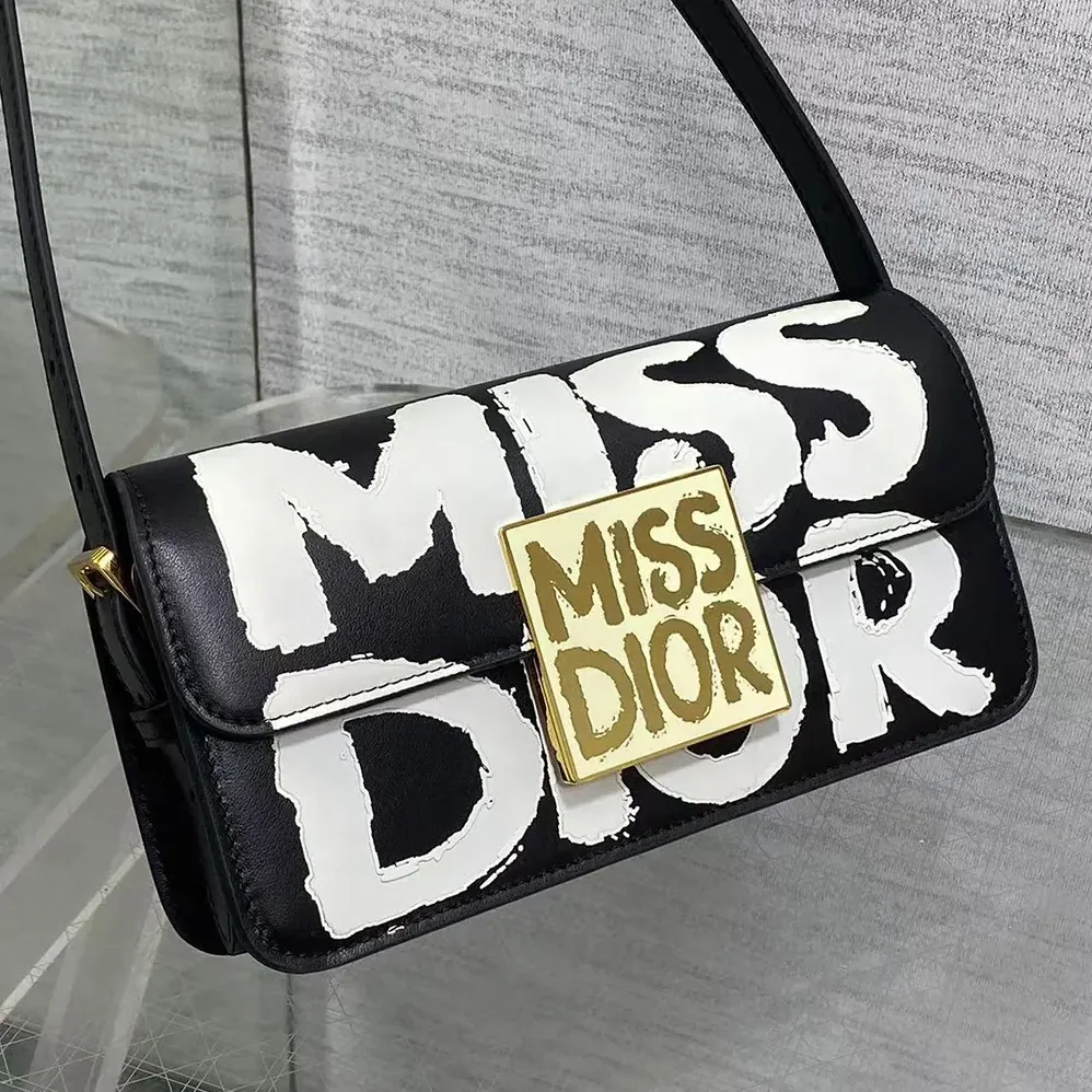 Dior Miss Dior Flap Bag Black and White Miss Dior Graffiti Printed Calfskin for Women