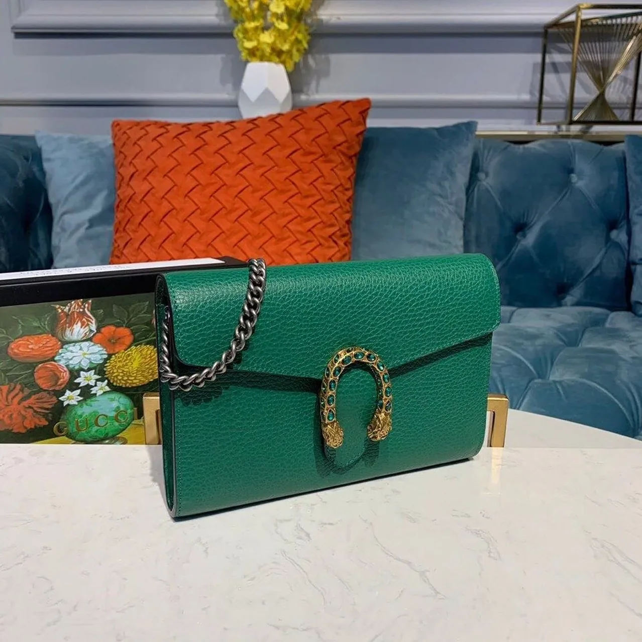 Gucci Dionysus Mini Chain Shoulder Bag / Emerald Green Metal Free Tanned Antique Silver Hardware Gucci Dionysus Mini Chain Shoulder Bag / Emerald Green Metal Free Tanned Antique Silver Hardware