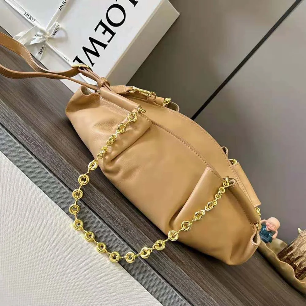 Loewe Small Paseo Bag in Shiny Nappa Calfskin with Chain for Women in Sandy Loewe Small Paseo Bag in Shiny Nappa Calfskin with Chain for Women in Sandy
