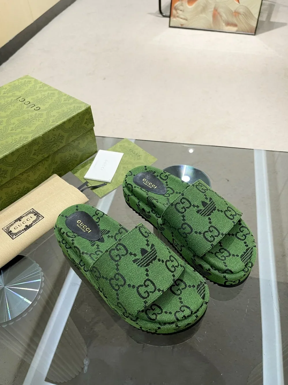 Gucci x Adidas GG Platform Sandal Dark Green for Women