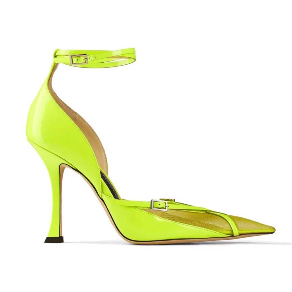 Jimmy Choo Mugler Strap Pump Neon Yellow Patent and Mesh Pumps with Straps for Women Jimmy Choo Mugler Strap Pump Neon Yellow Patent and Mesh Pumps with Straps for Women