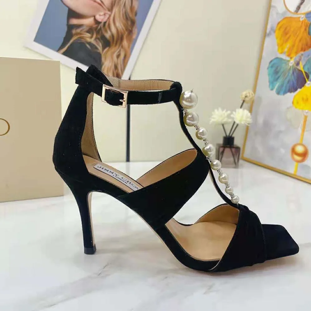 Jimmy Choo Aura 95 Black Suede Sandals with Pearls and Crystals for Women Jimmy Choo Aura 95 Black Suede Sandals with Pearls and Crystals for Women
