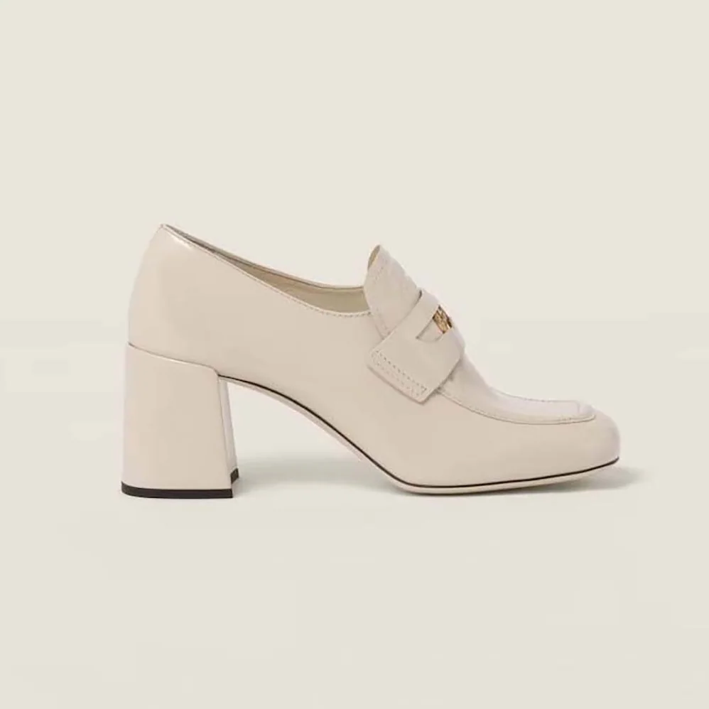 Miu Miu Patent Leather Loafers with Embossed Logo on the Tongue for Women in White Miu Miu Patent Leather Loafers with Embossed Logo on the Tongue for Women in White