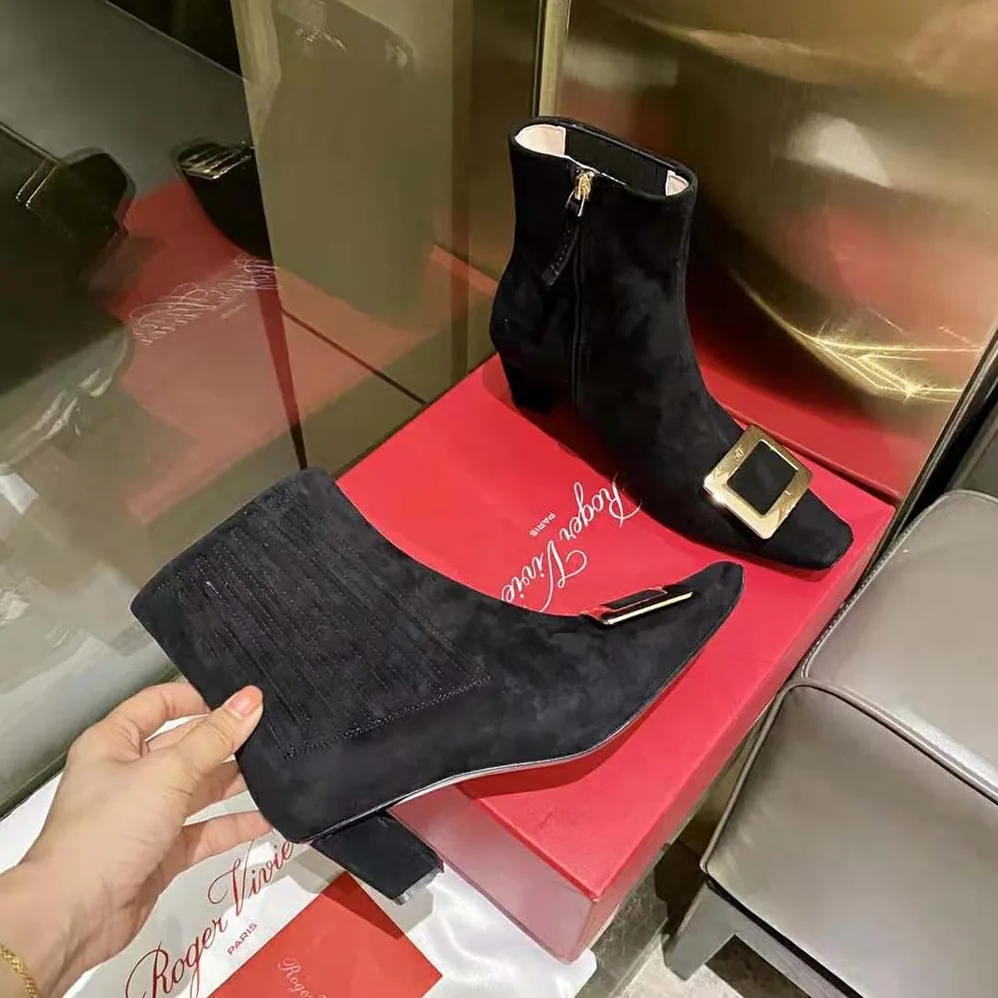 Roger Vivier Belle Vivier Metal Buckle Chelsea Booties in Suede for Women