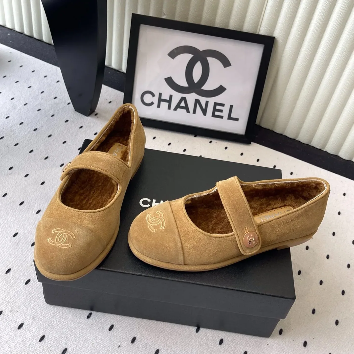 Chanel Mary Jane Flats Tan Suede Shearling