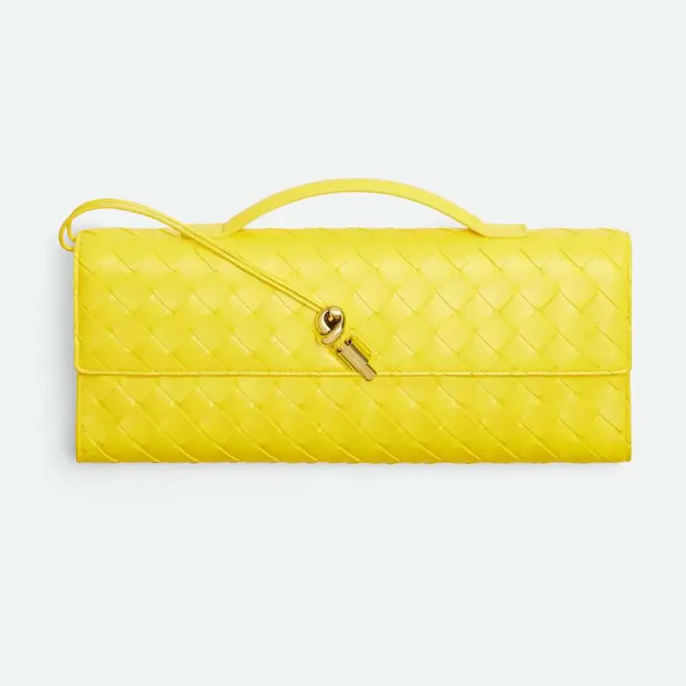 Bottega Veneta Andiamo Clutch in Intrecciato Leather for Women in Yellow Bottega Veneta Andiamo Clutch in Intrecciato Leather for Women in Yellow