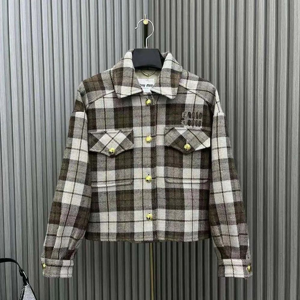Miu Miu Check Blouson Jacket with Embroidered Logo for Women