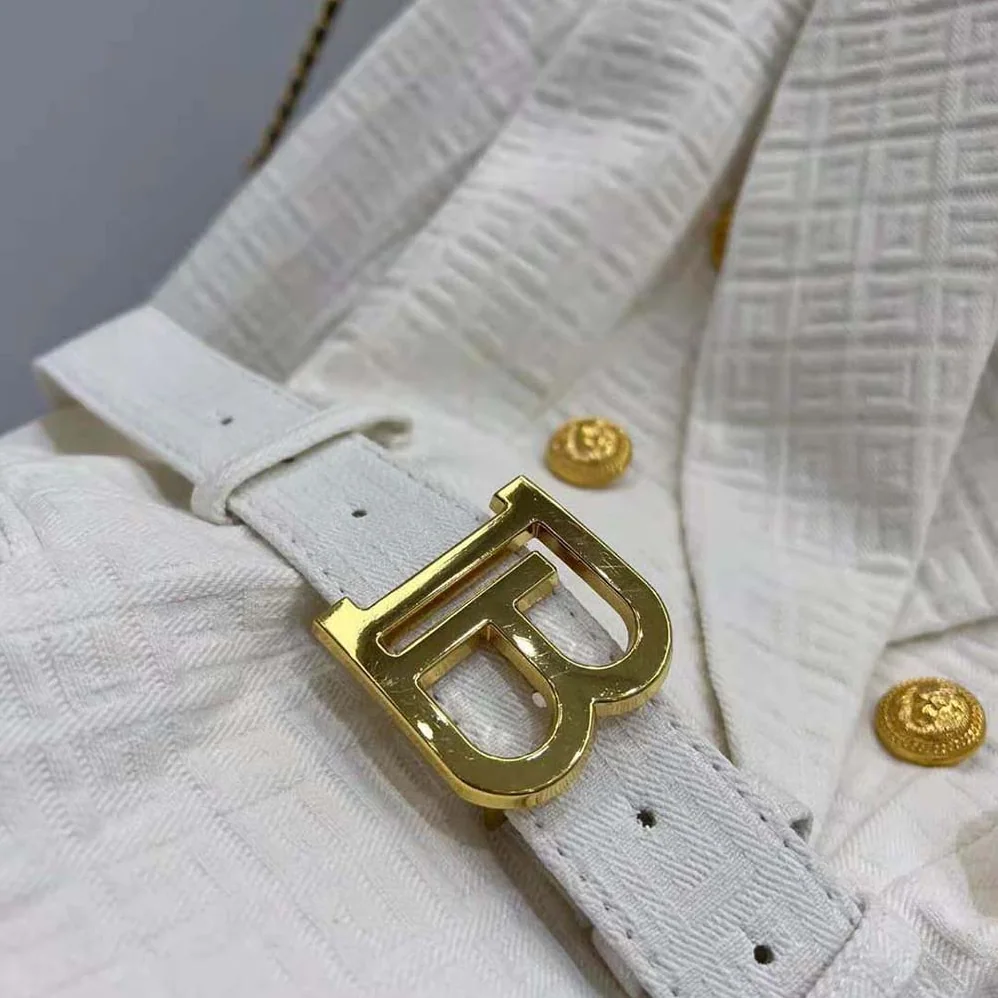 Balmain Double-Breasted Cotton Blazer with Balmain Buckle for Women in White