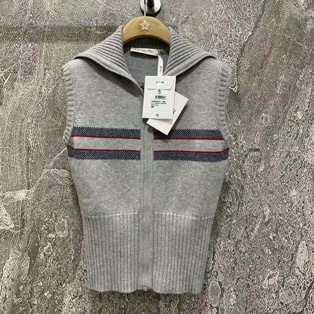 Dior Dioralps Sleeveless Zipped Sweater Gray Three-Tone Wool and Cashmere Knit for Women Dior Dioralps Sleeveless Zipped Sweater Gray Three-Tone Wool and Cashmere Knit for Women