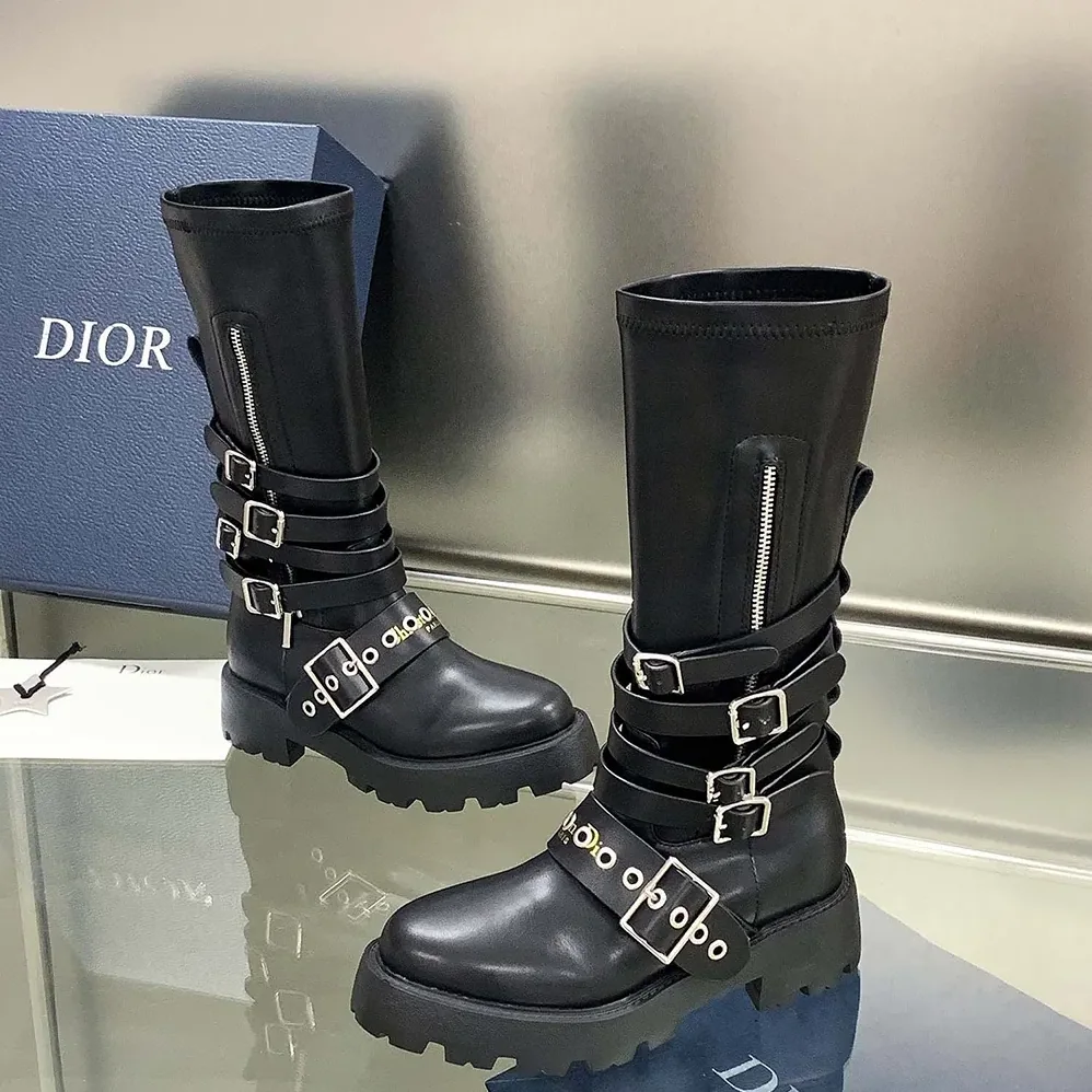 Dior D-Fight Ankle Boot Black Calfskin and Leather for Women in Effect Stretch Material Dior D-Fight Ankle Boot Black Calfskin and Leather for Women in Effect Stretch Material