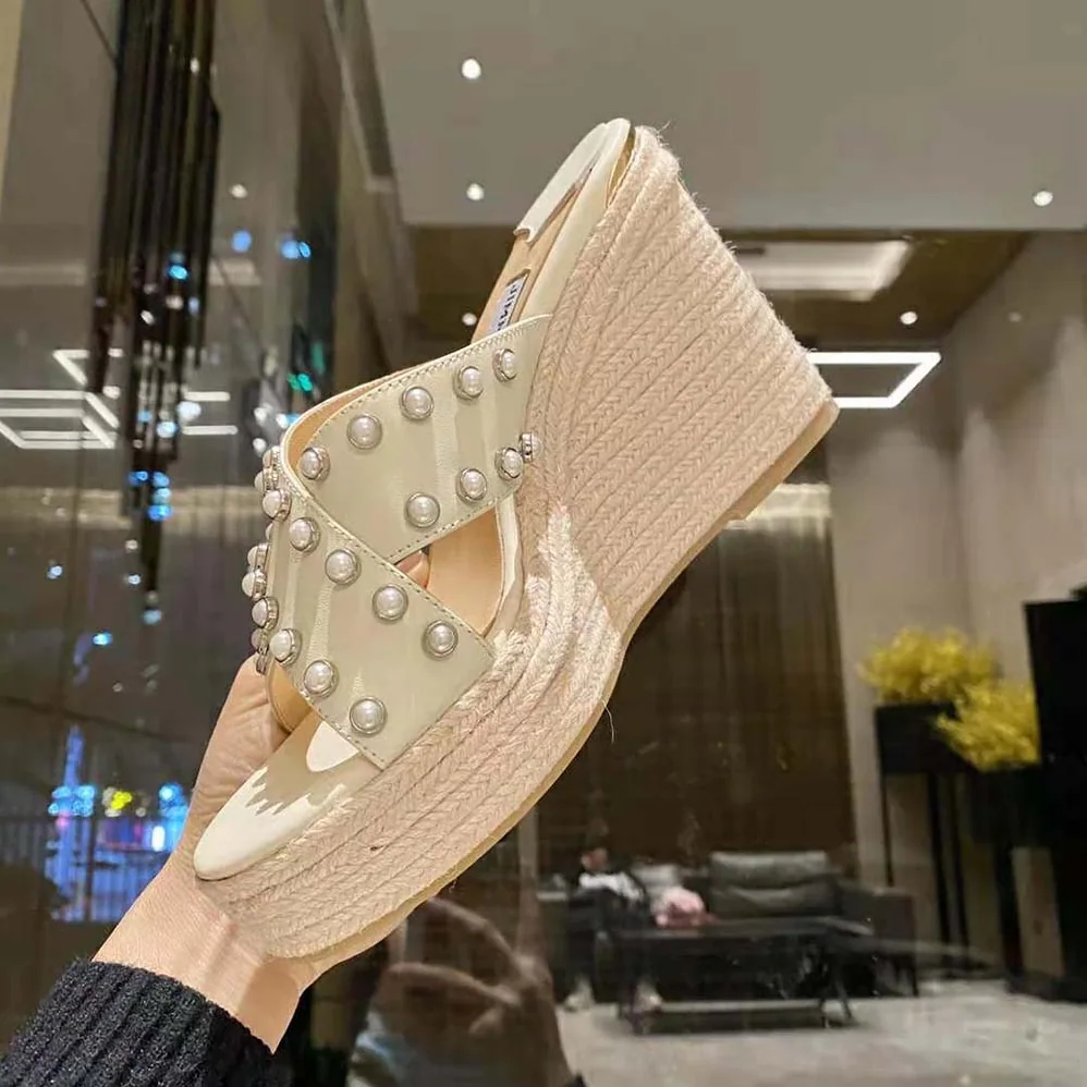 Jimmy Choo Dovina 100 Latte Nappa Wedges with Pearls for Women Jimmy Choo Dovina 100 Latte Nappa Wedges with Pearls for Women