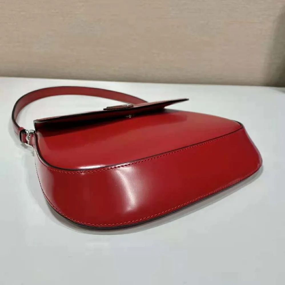 Prada Cleo Brushed Leather Shoulder Bag with Flap for Women in Red