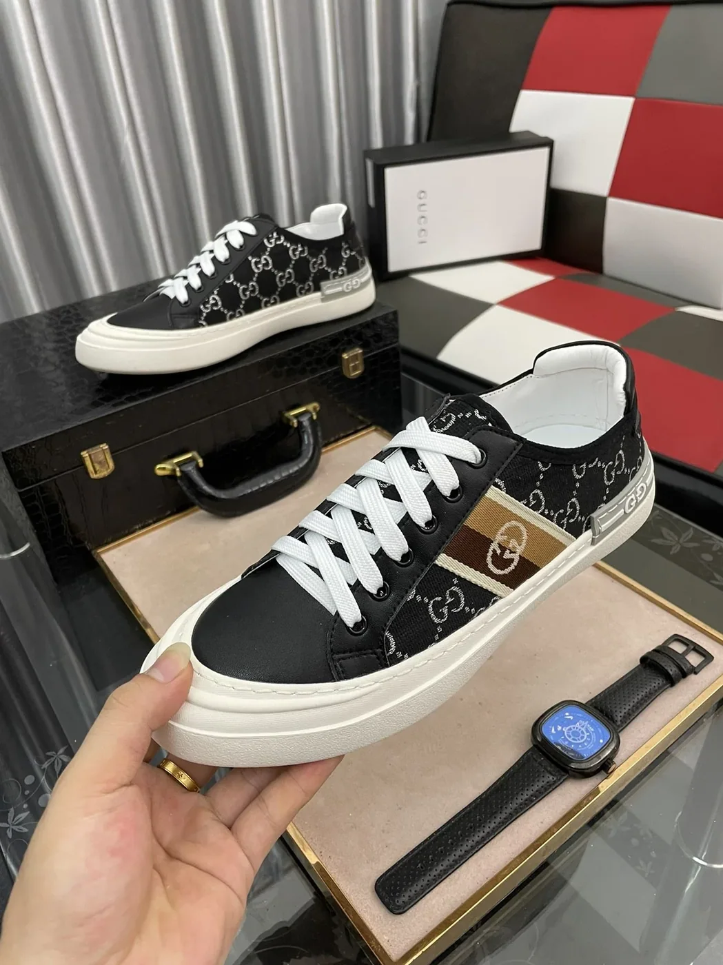 Gucci GG Embroidery Sneaker With Web Black for Men Gucci GG Embroidery Sneaker With Web Black for Men