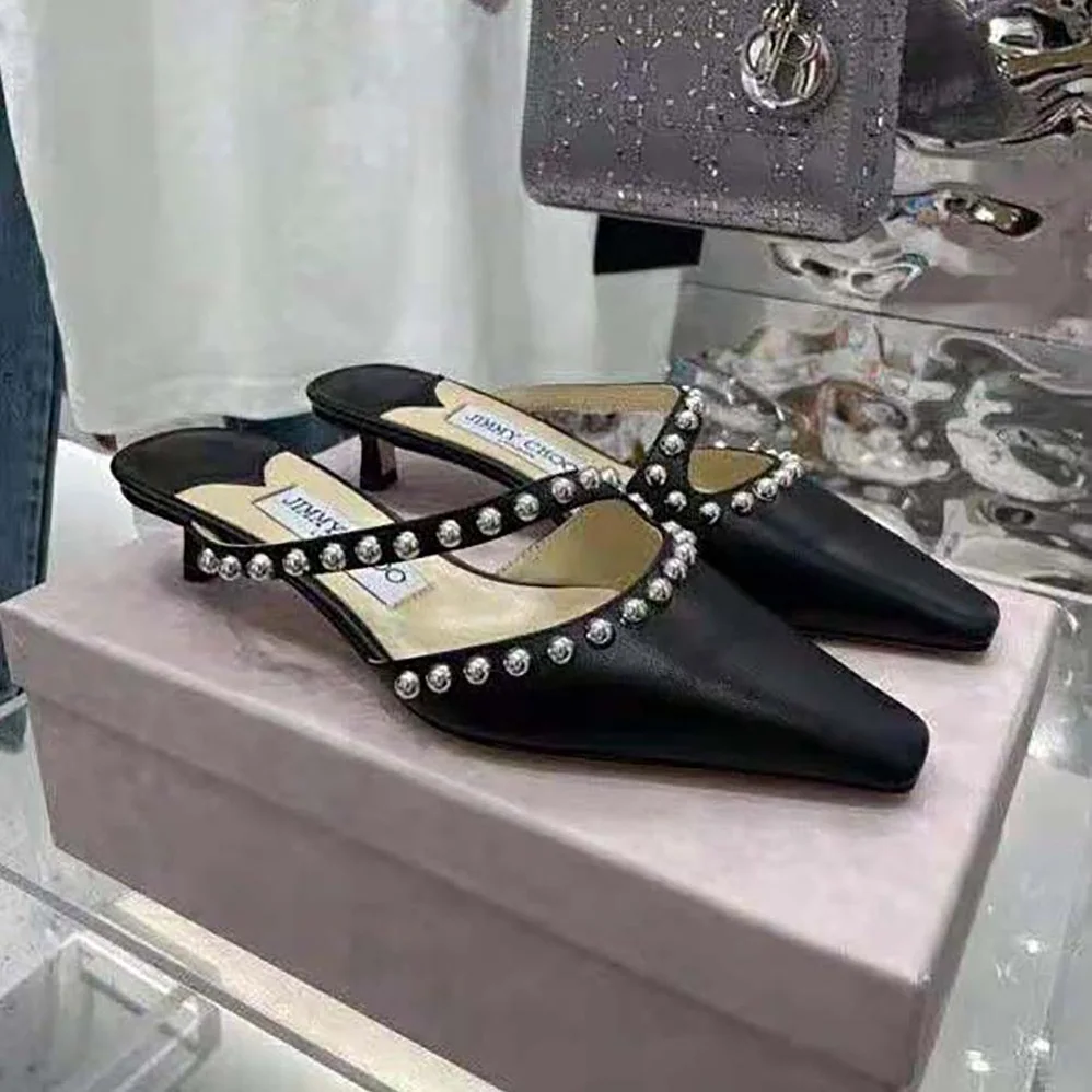 Jimmy Choo ROS 35 Black Nappa Leather Mules with Silver Dome Studs for Women Jimmy Choo ROS 35 Black Nappa Leather Mules with Silver Dome Studs for Women