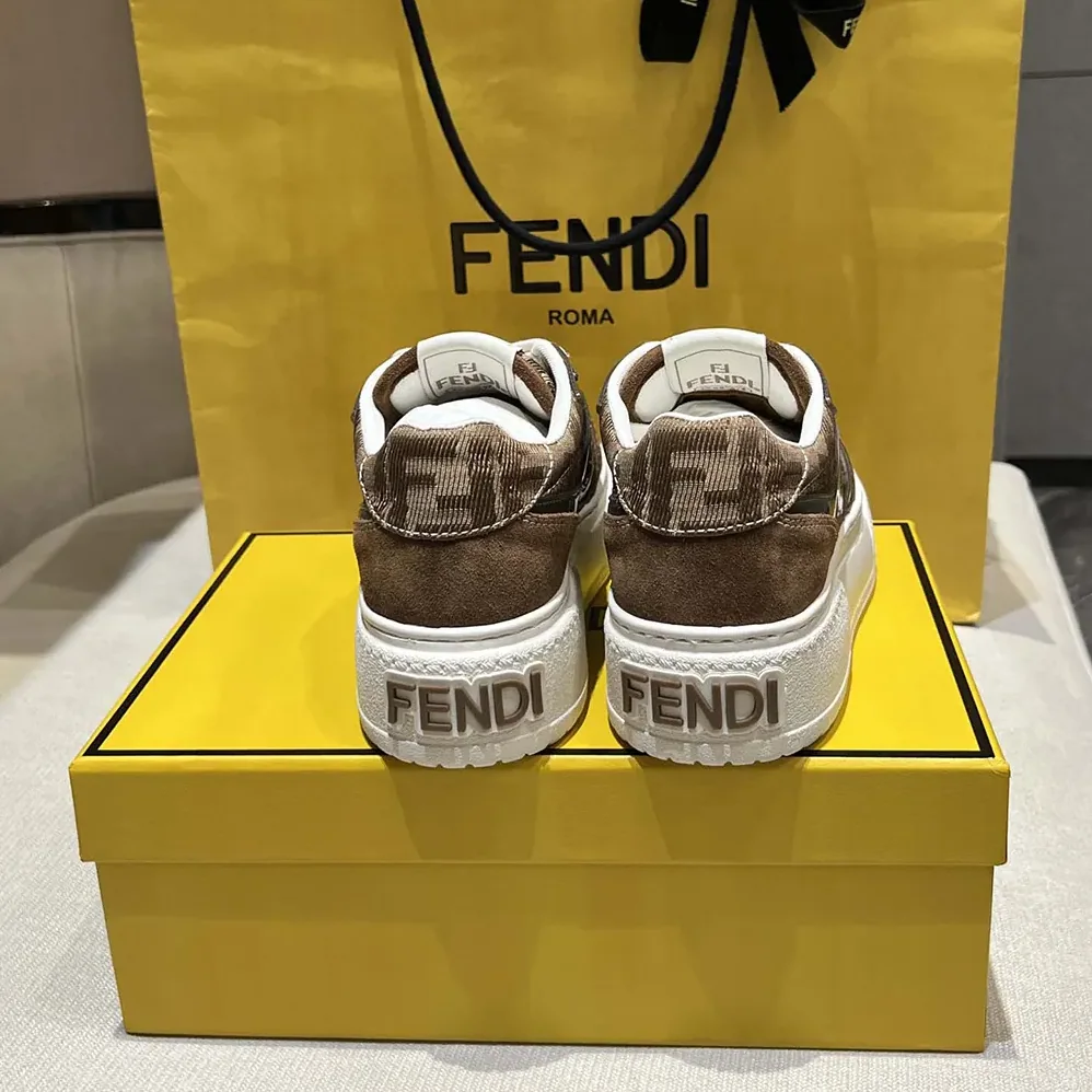 Fendi Match Brown Denim-effect FF Jacquard and Suede Platform Low Tops for Women Fendi Match Brown Denim-effect FF Jacquard and Suede Platform Low Tops for Women