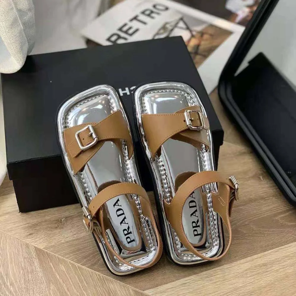 Prada Flat Rectangular Leather Sandals for Women in Brown Prada Flat Rectangular Leather Sandals for Women in Brown