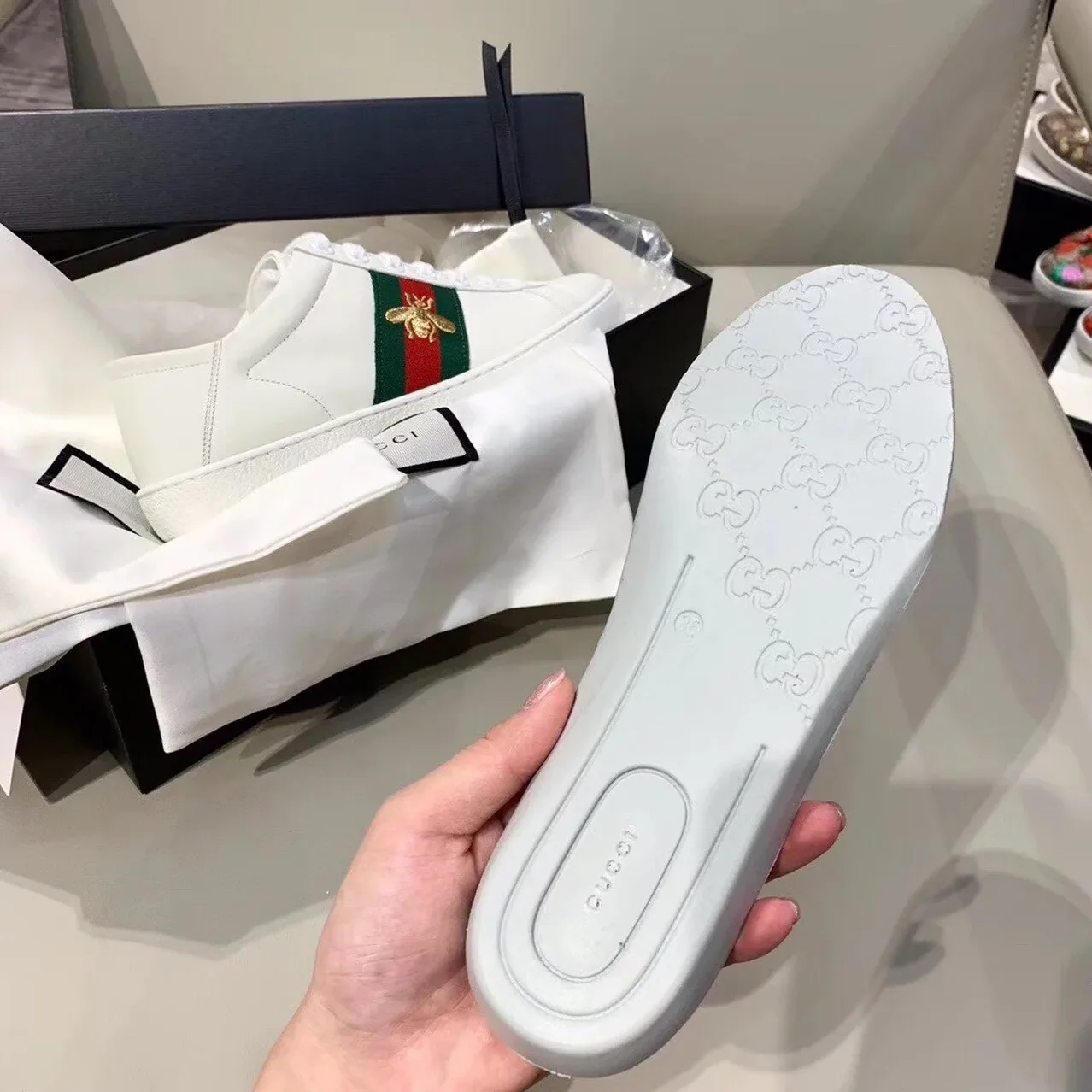Gucci Ace Sneaker With Bee White GG for Women