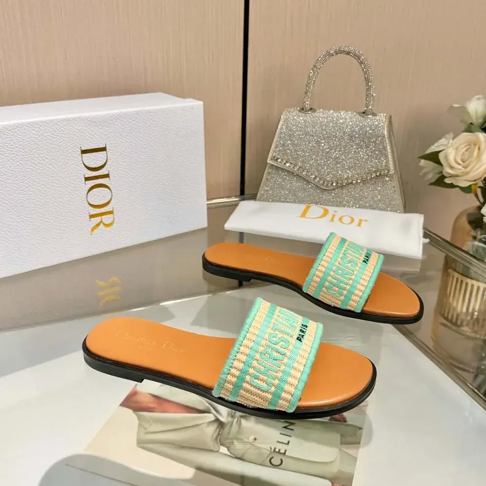 Dior Dioriviera Dway Slide Natural Raffia and Aquamarina Embroidered Cotton for Women