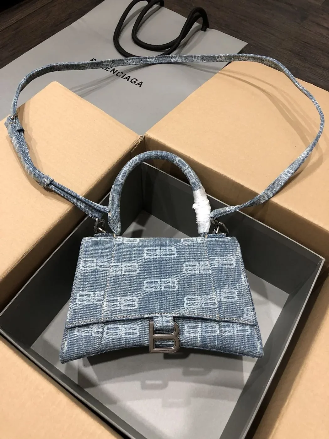 Balenciaga Hourglass Small Handbag Bb Monogram Bleached Denim In Blue / Balenciaga Hourglass Small Handbag Bb Monogram Bleached Denim In Blue /