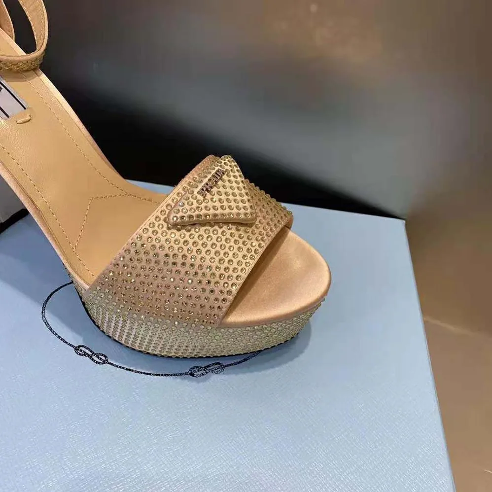 Prada Satin Platform Sandals with Crystals for Women in Gold