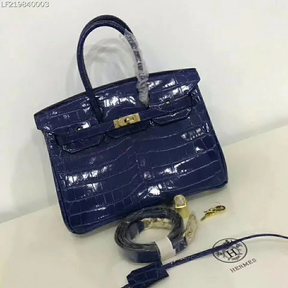Hermes Birkin 30 Bag in Alligator Leather with Gold Hardware in Navy