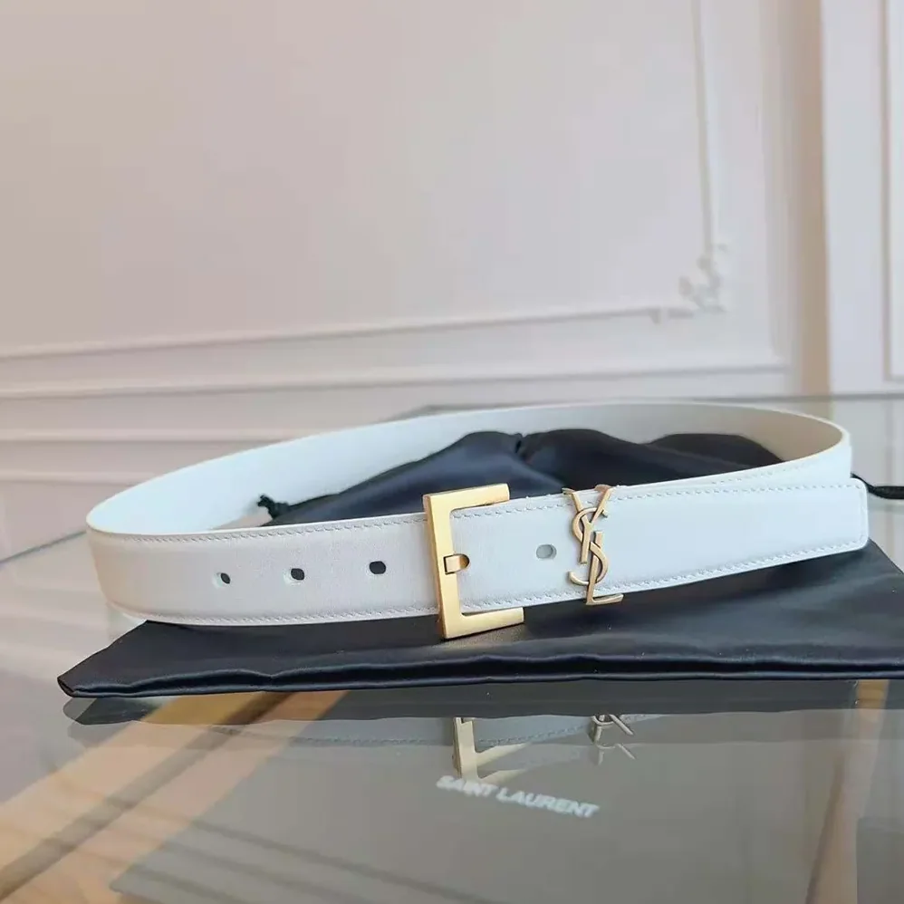 Saint Laurent YSL Cassandre Thin Belt with Square Buckle in Lacquered Leather for Women in White Saint Laurent YSL Cassandre Thin Belt with Square Buckle in Lacquered Leather for Women in White