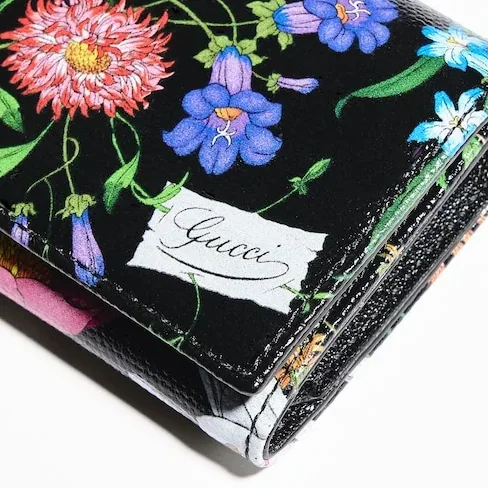 Gucci Flora Motif Bi Fold Card Case / Black in Multicolor Palladium Hardware