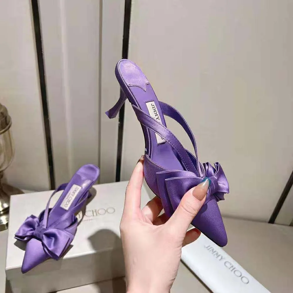 Jimmy Choo Flaca Mule 50 Wisteria Satin Mules with Bow for Women