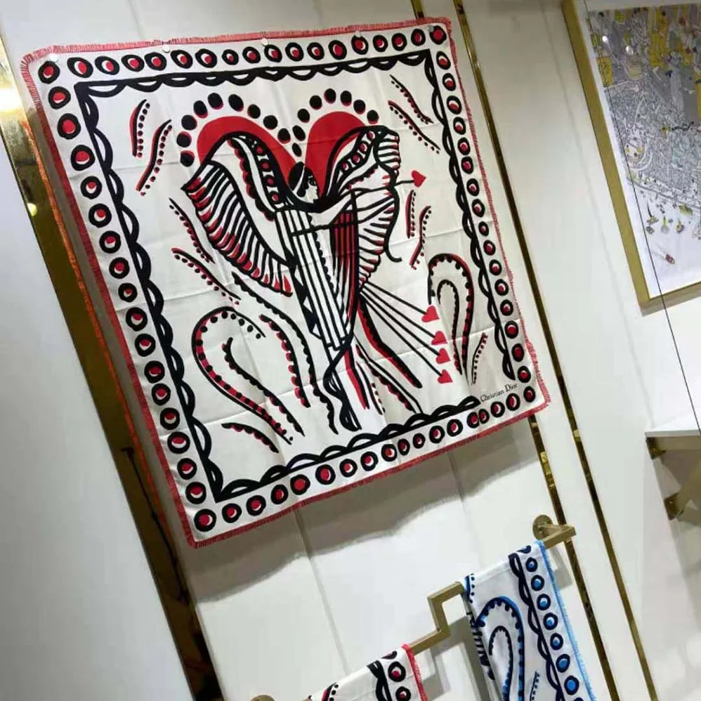 Dior Cupidon Square Scarf White Black and Red Silk Twill for Women