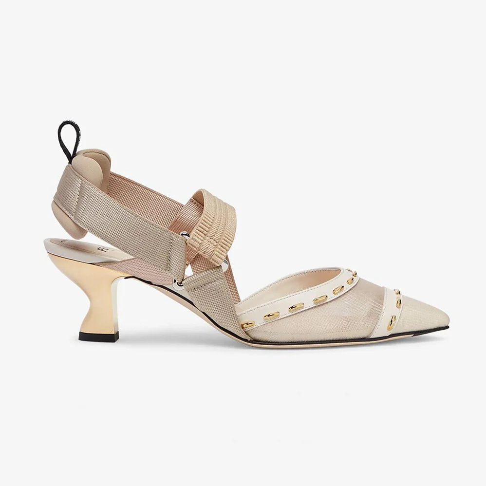 Fendi Colibri Pink Mesh Medium-Heel Slingbacks with Metal Stitches for Women Fendi Colibri Pink Mesh Medium-Heel Slingbacks with Metal Stitches for Women