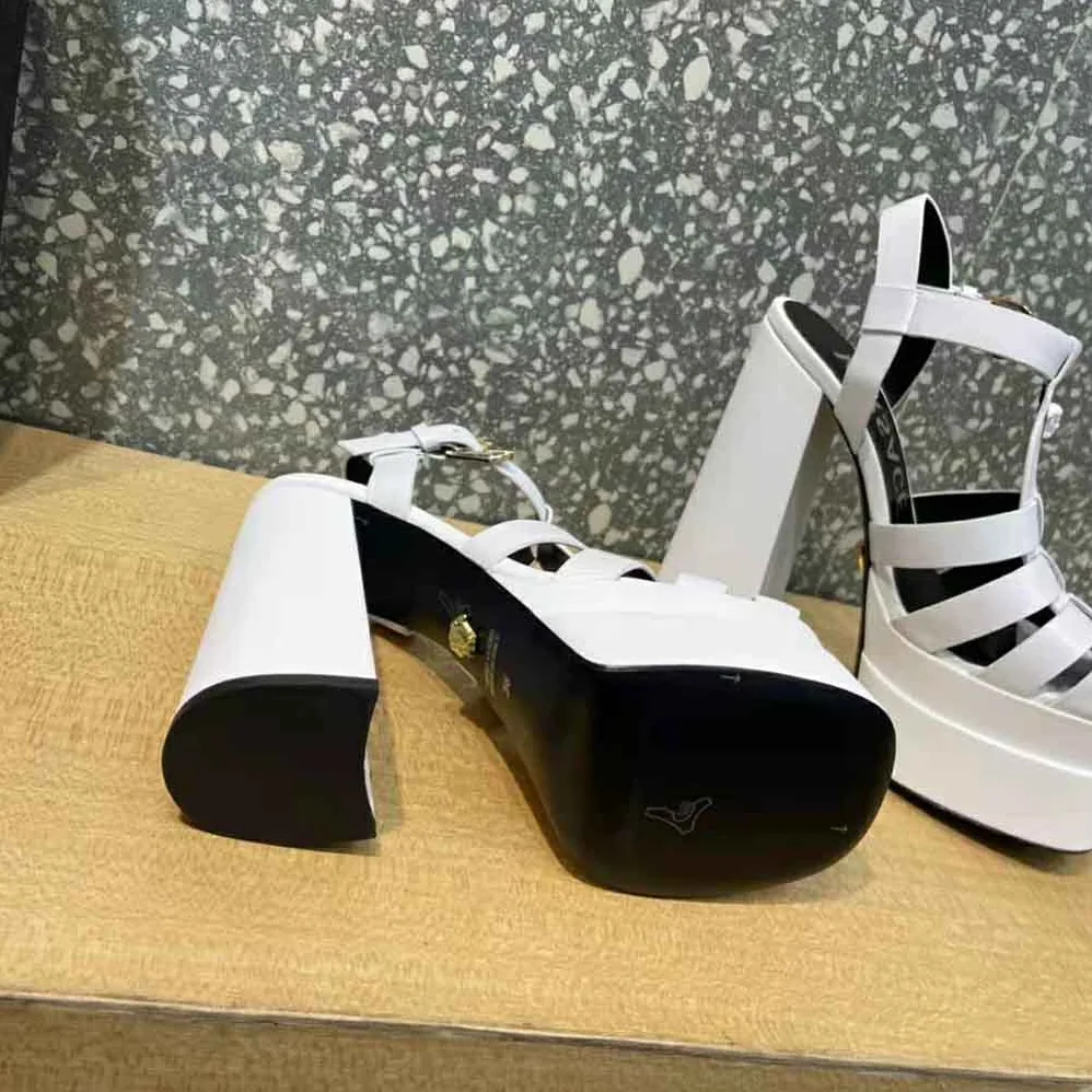 Versace La Medusa Platform Sandals in Calf Leather for Women in White Versace La Medusa Platform Sandals in Calf Leather for Women in White