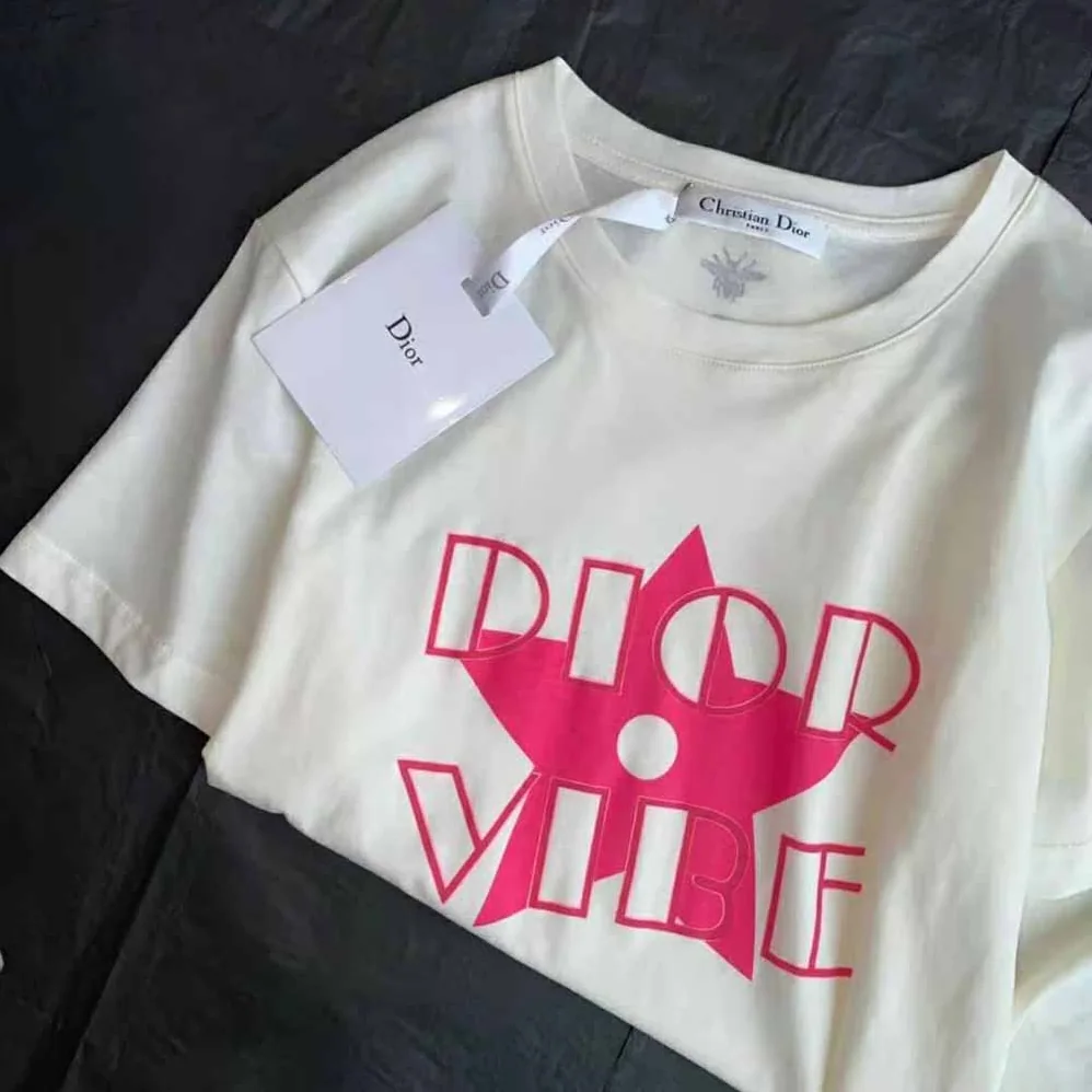 Dior Vibe T-shirt Ecru and Fluorescent Pink Cotton and Linen Jersey for Women