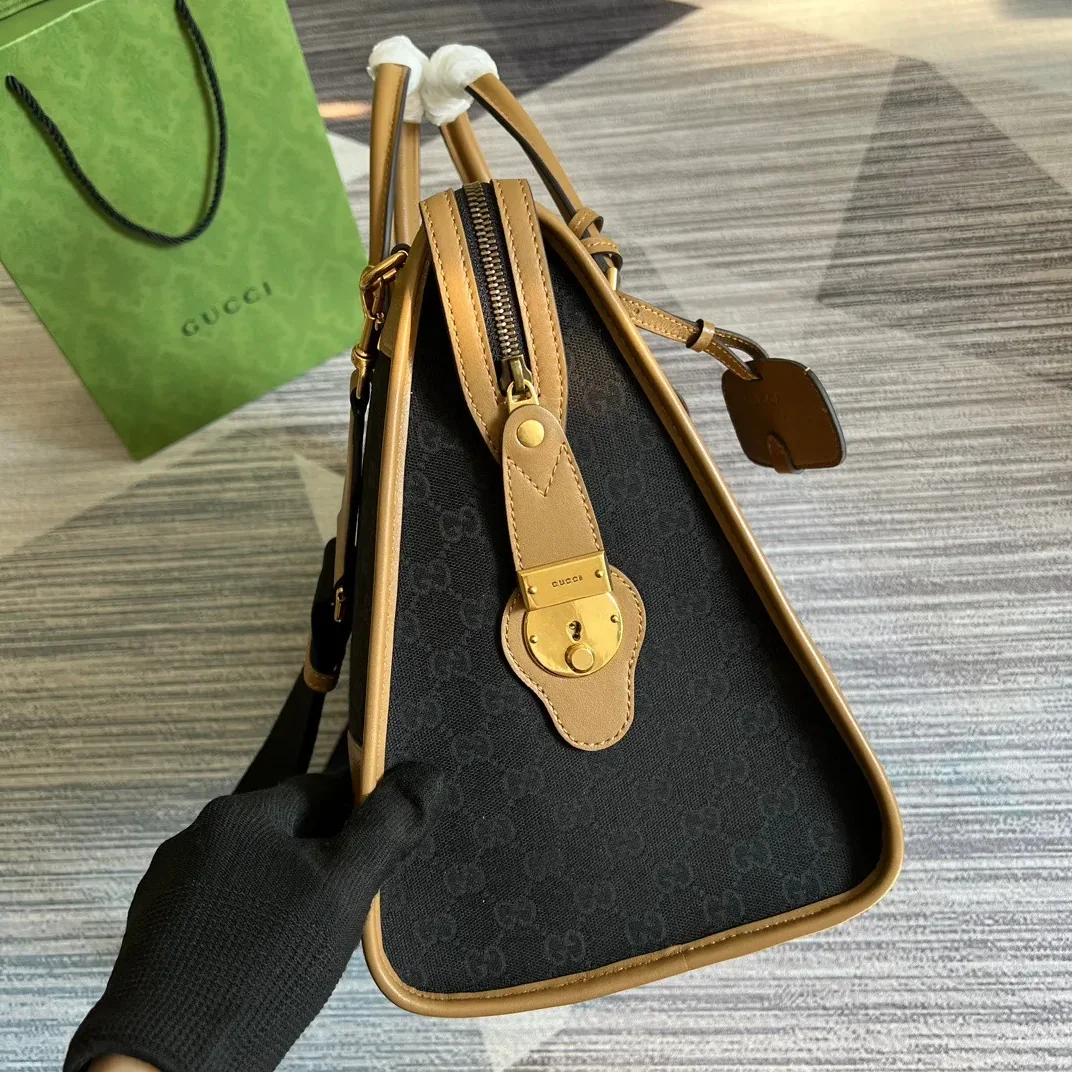 Large Bauletto Top Handle Bag With Double G White in Brown / Large Bauletto Top Handle Bag With Double G White in Brown /