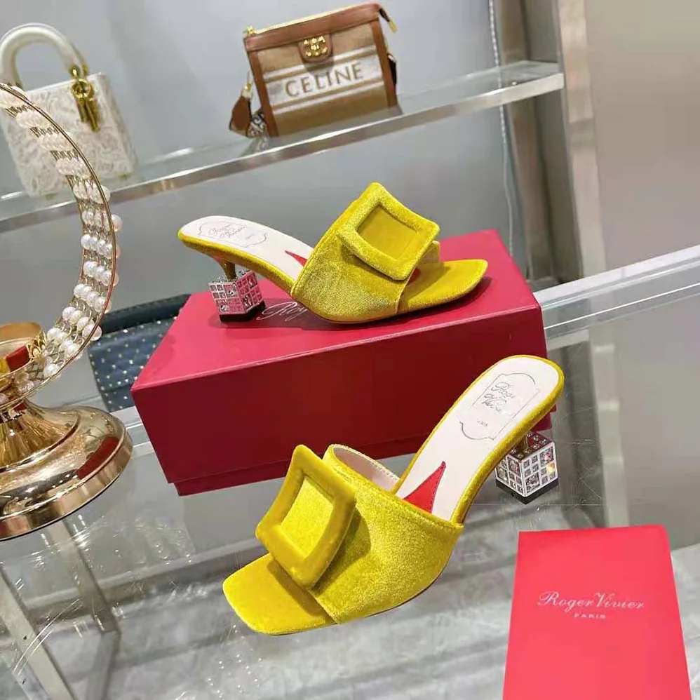 Roger Vivier Cube Strass Heel Mules in Velvet for Women in Yellow