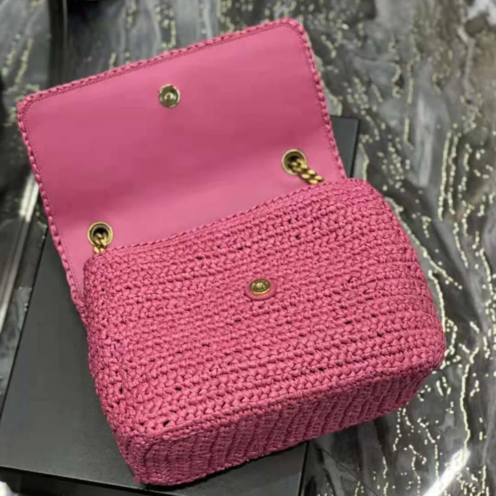 Saint Laurent YSL Niki Medium Chain Bag in Raffia and Leather for Women in Pink Saint Laurent YSL Niki Medium Chain Bag in Raffia and Leather for Women in Pink