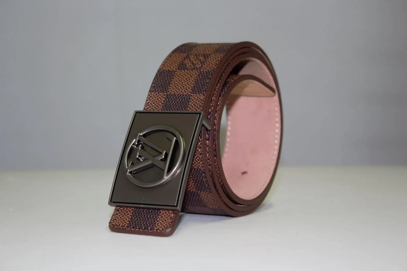 Brown Damier Chromium Buckle Leather Belt