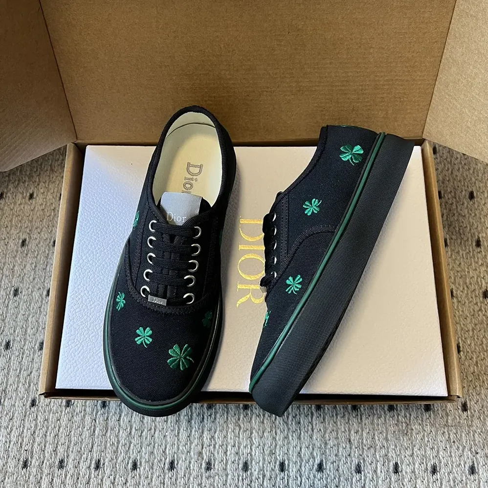 Dior Saltwind Sneaker Black Cotton Embroidered with Bright Green Dior Clover Motif for Unisex